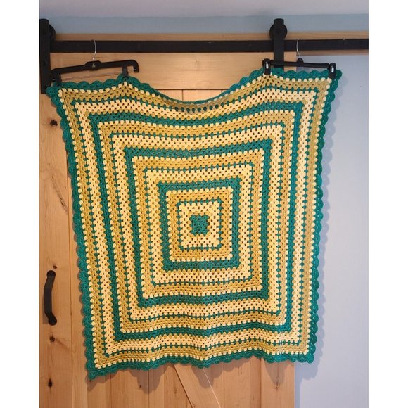 Vintage Hand Knit Crochet Granny About 44" Throw Blanket Afghan Teal Beige Green - Picture 2 of 9